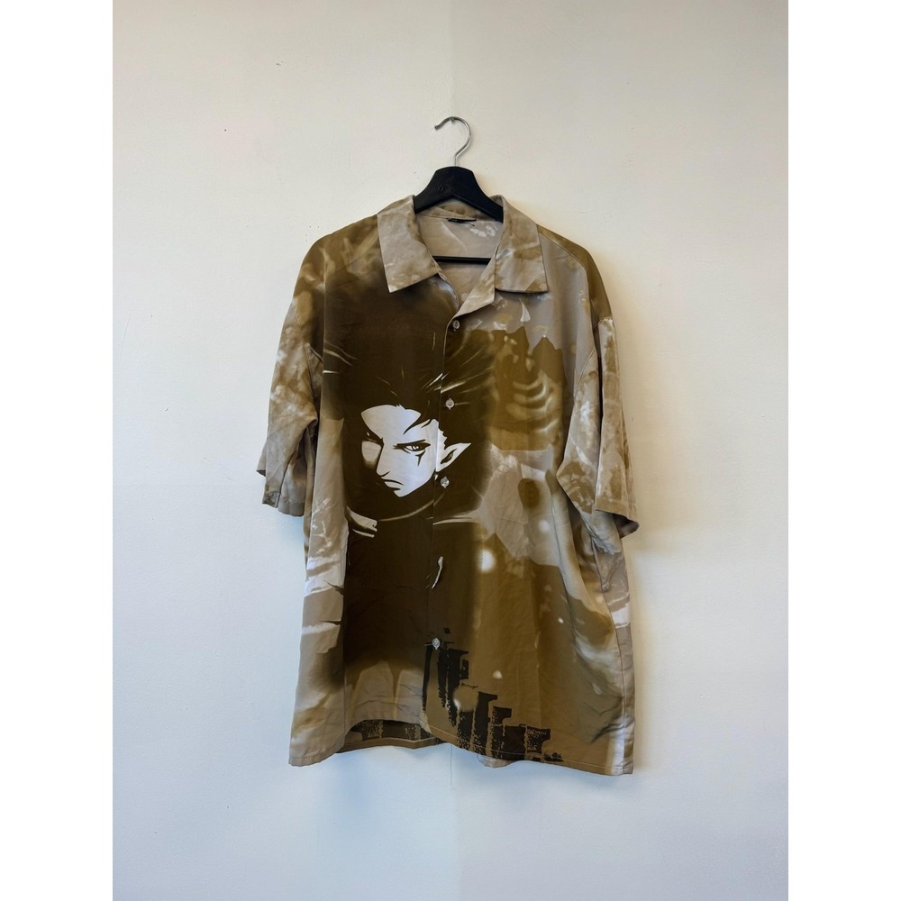 Anime Graphic Shirt Mens XL Brown Button‎ Front Camp AOP Short Sleeve Y2K